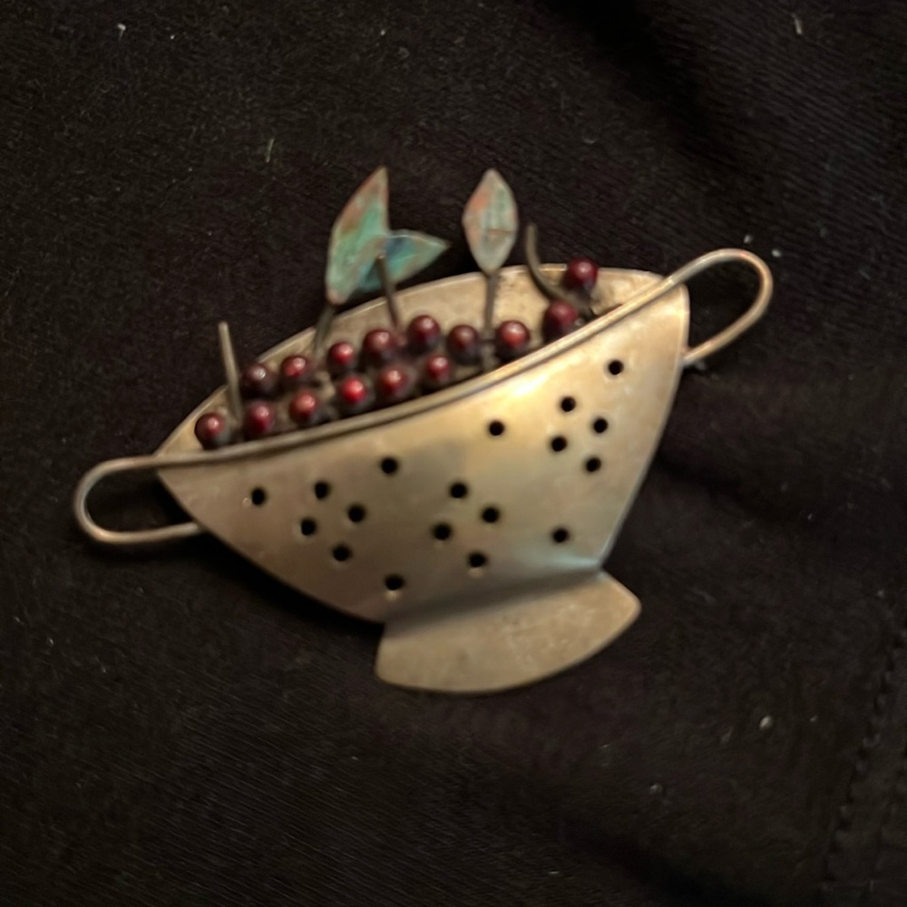 Lisa Scott bowl with cherries brooch. Vintage. Signed chicken scratch